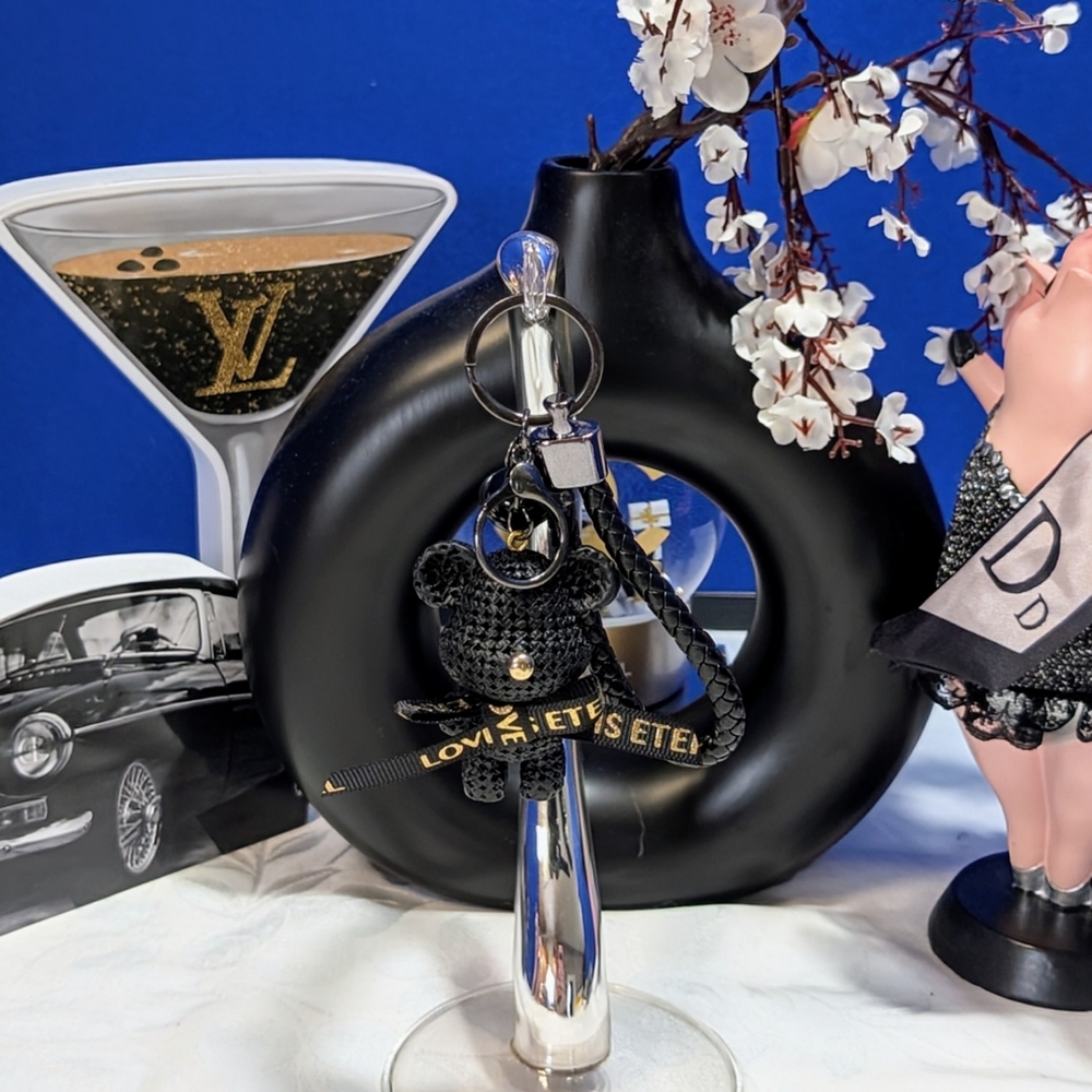 Bag Charm/ Keyring Black Sitting Bear With Bell And Bow Accents